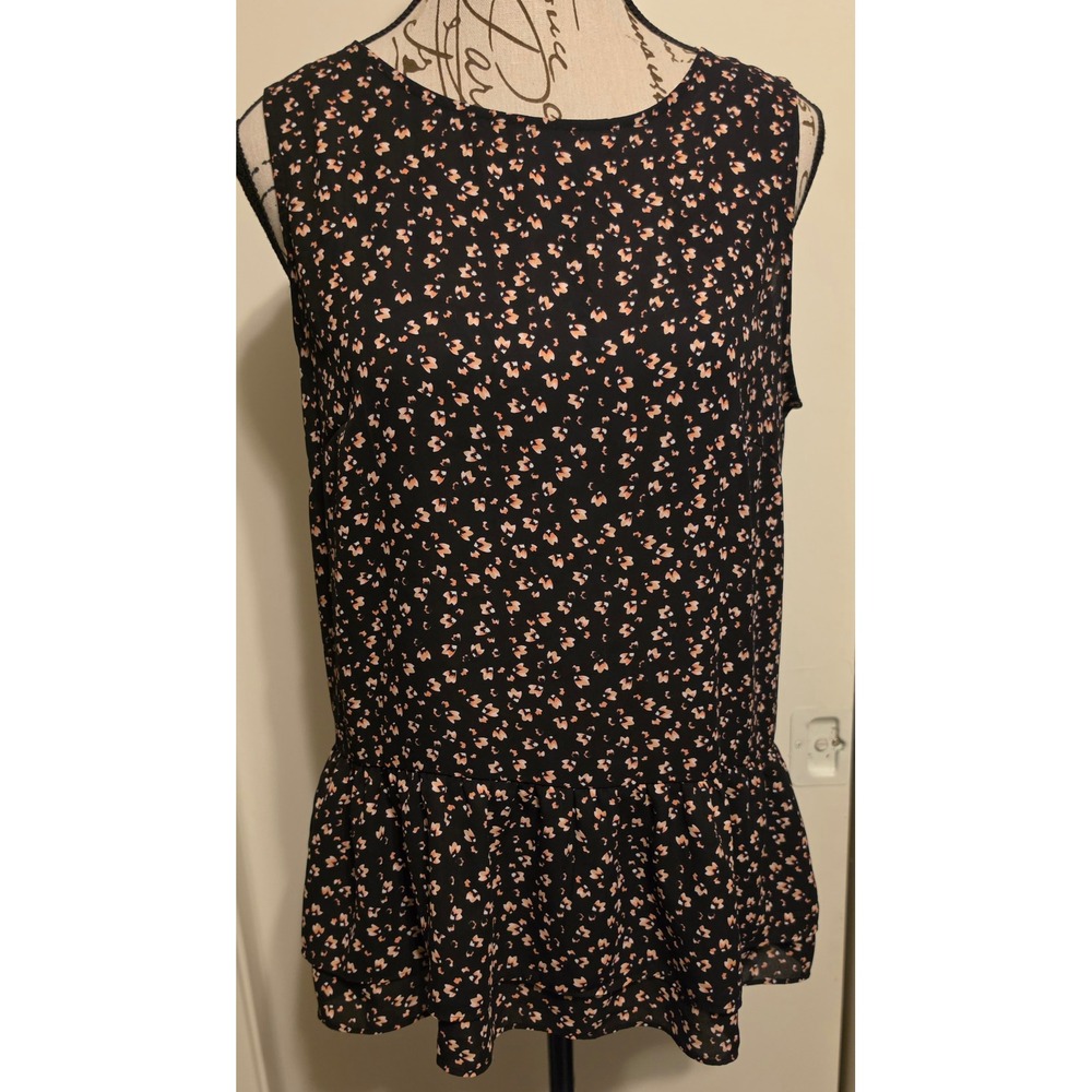 Ann Taylor Loft‎ Womens Medium Black Floral Peplum Sleeveless Button Back Blouse